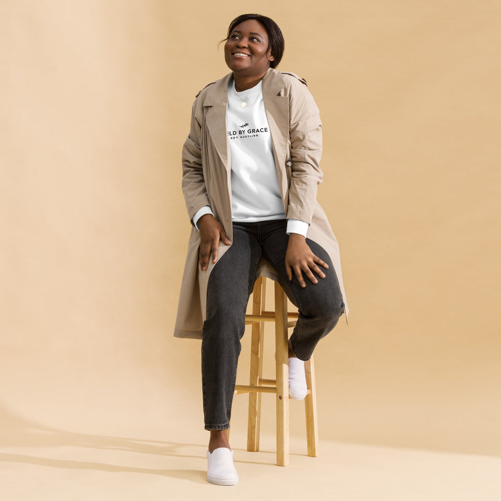 Held by Grace, Not Hustling embroidered premium sweatshirt in White, product view