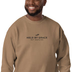 Held by Grace, Not Hustling embroidered premium sweatshirt in Latte, product view