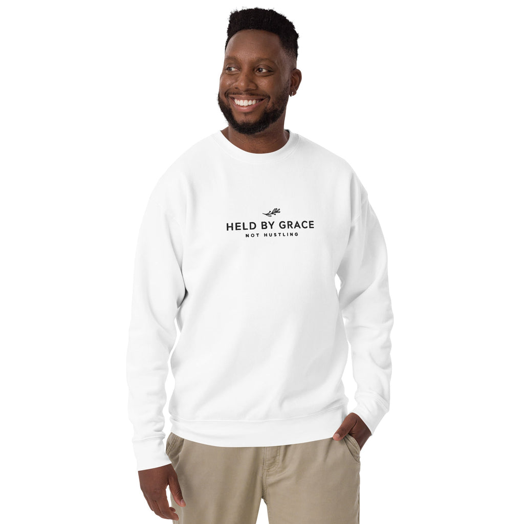 Held by Grace, Not Hustling embroidered premium sweatshirt in White, product view
