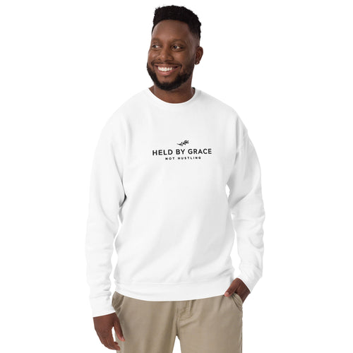Held by Grace, Not Hustling embroidered premium sweatshirt in White, product view