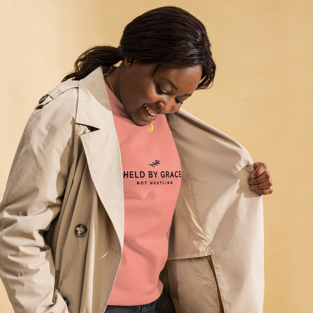 Held by Grace, Not Hustling embroidered premium sweatshirt in Dusty Rose, product view
