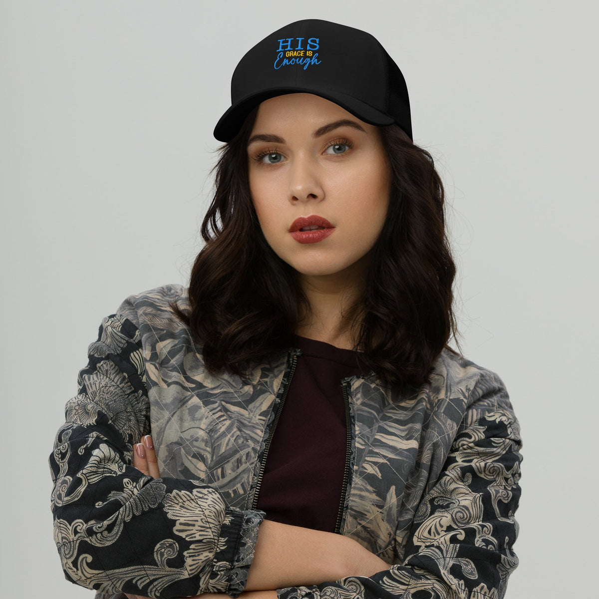 His Grace is Enough | Embroidered Trucker Cap in Black, back view