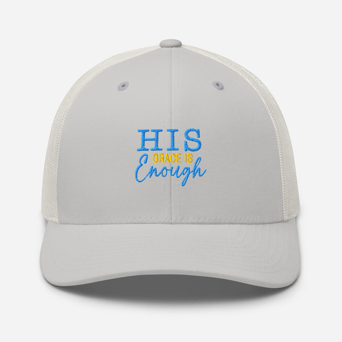 His Grace is Enough | Embroidered Trucker Cap in Silver, front view