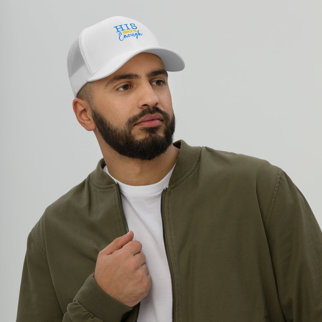 His Grace is Enough | Embroidered Trucker Cap in White, back view