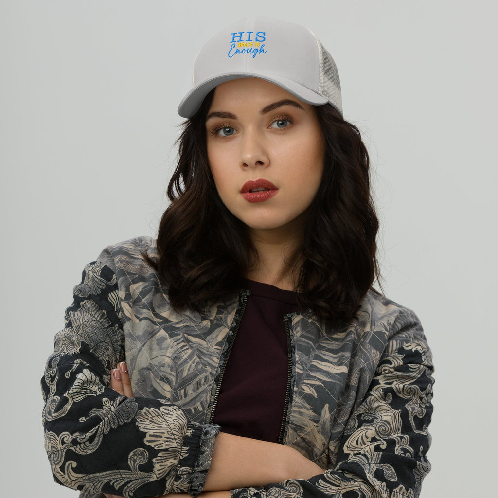 His Grace is Enough | Embroidered Trucker Cap in Silver, back view