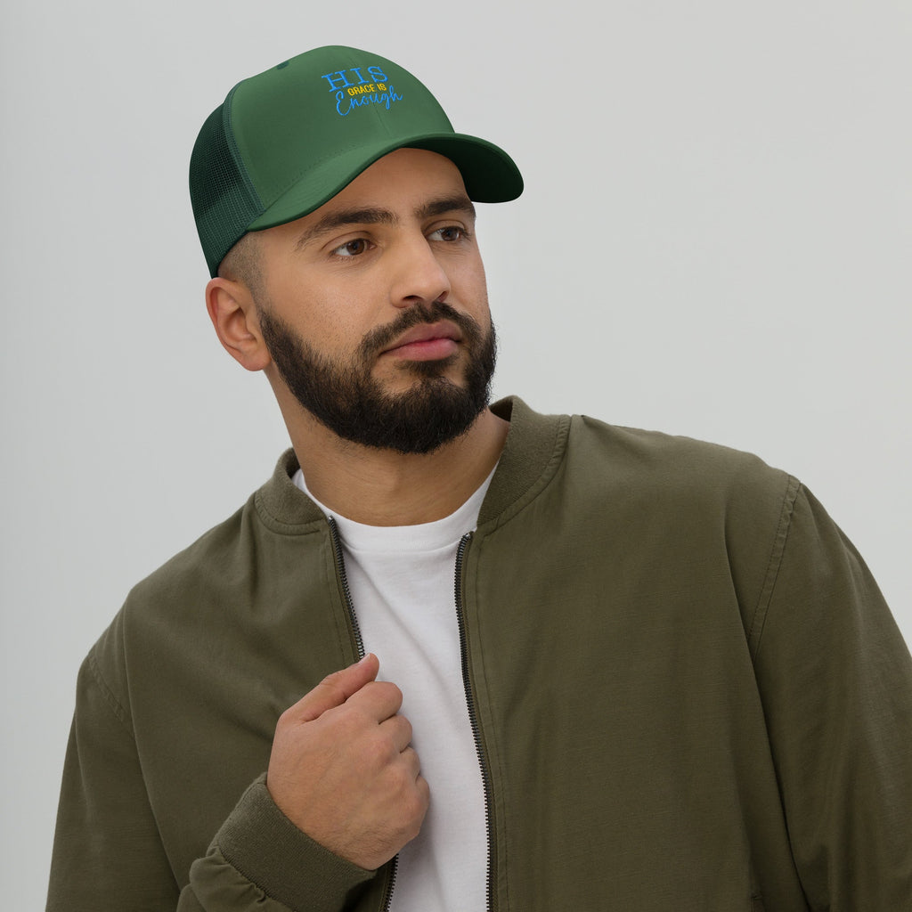 His Grace is Enough | Embroidered Trucker Cap in Evergreen, back view