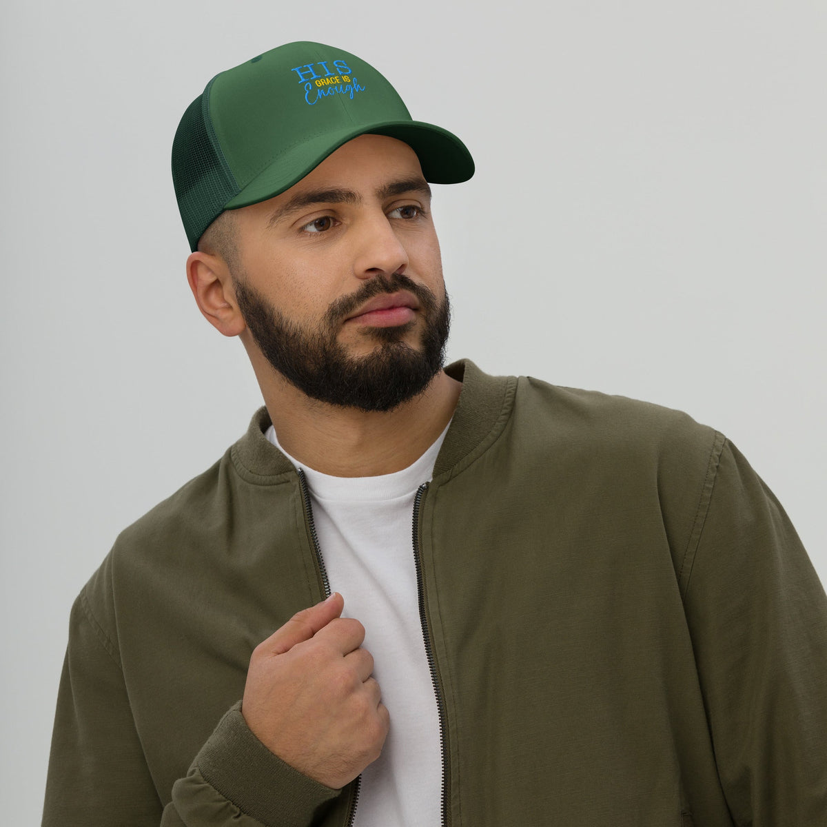 His Grace is Enough | Embroidered Trucker Cap in Evergreen, back view