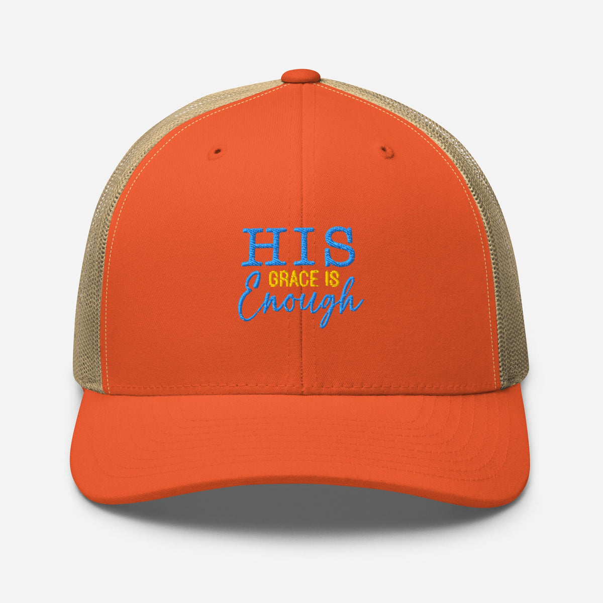 His Grace is Enough | Embroidered Trucker Cap in Rustic Orange/ Khaki, front view