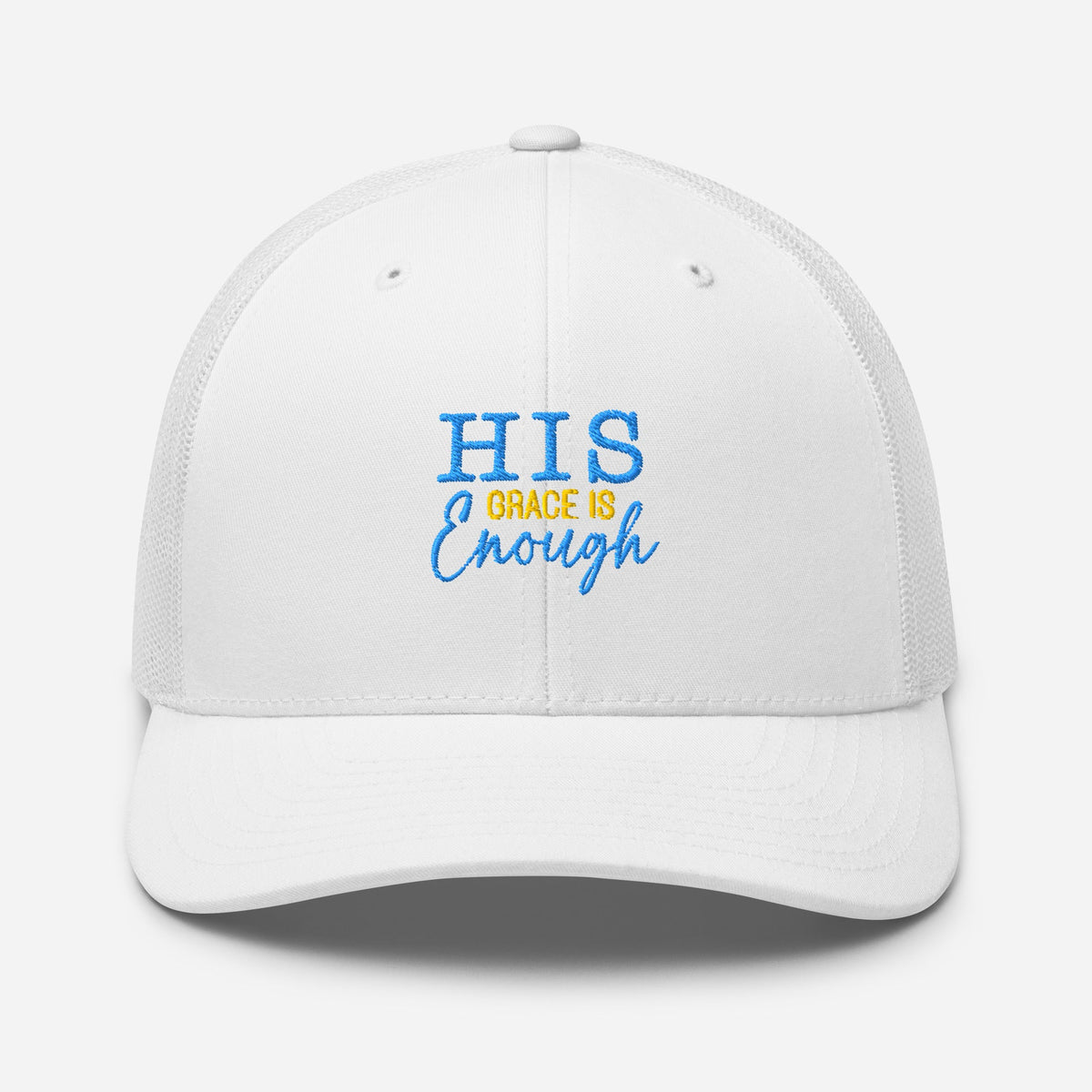 His Grace is Enough | Embroidered Trucker Cap in White, front view