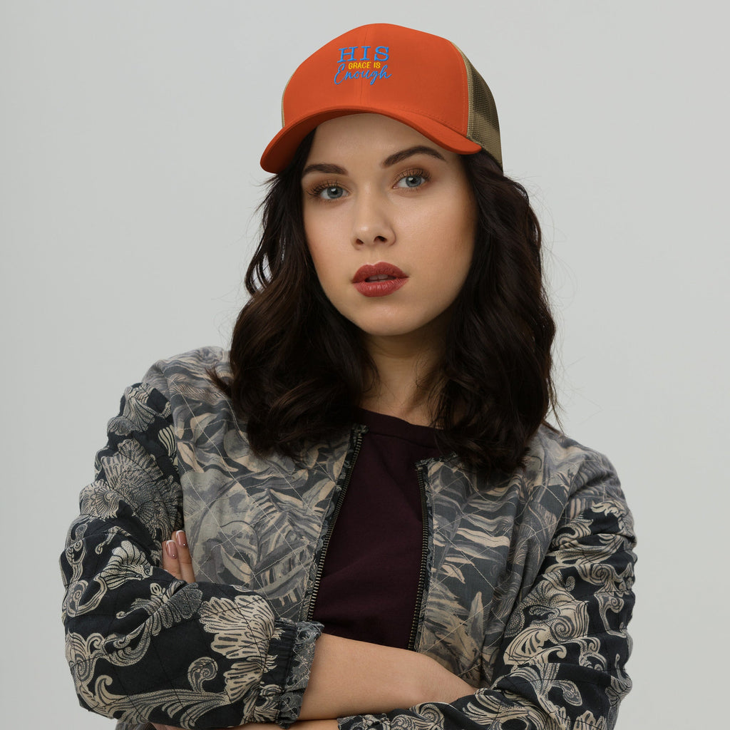 His Grace is Enough | Embroidered Trucker Cap in Rustic Orange/ Khaki, back view