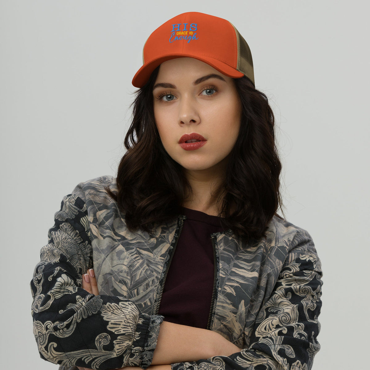 His Grace is Enough | Embroidered Trucker Cap in Rustic Orange/ Khaki, back view