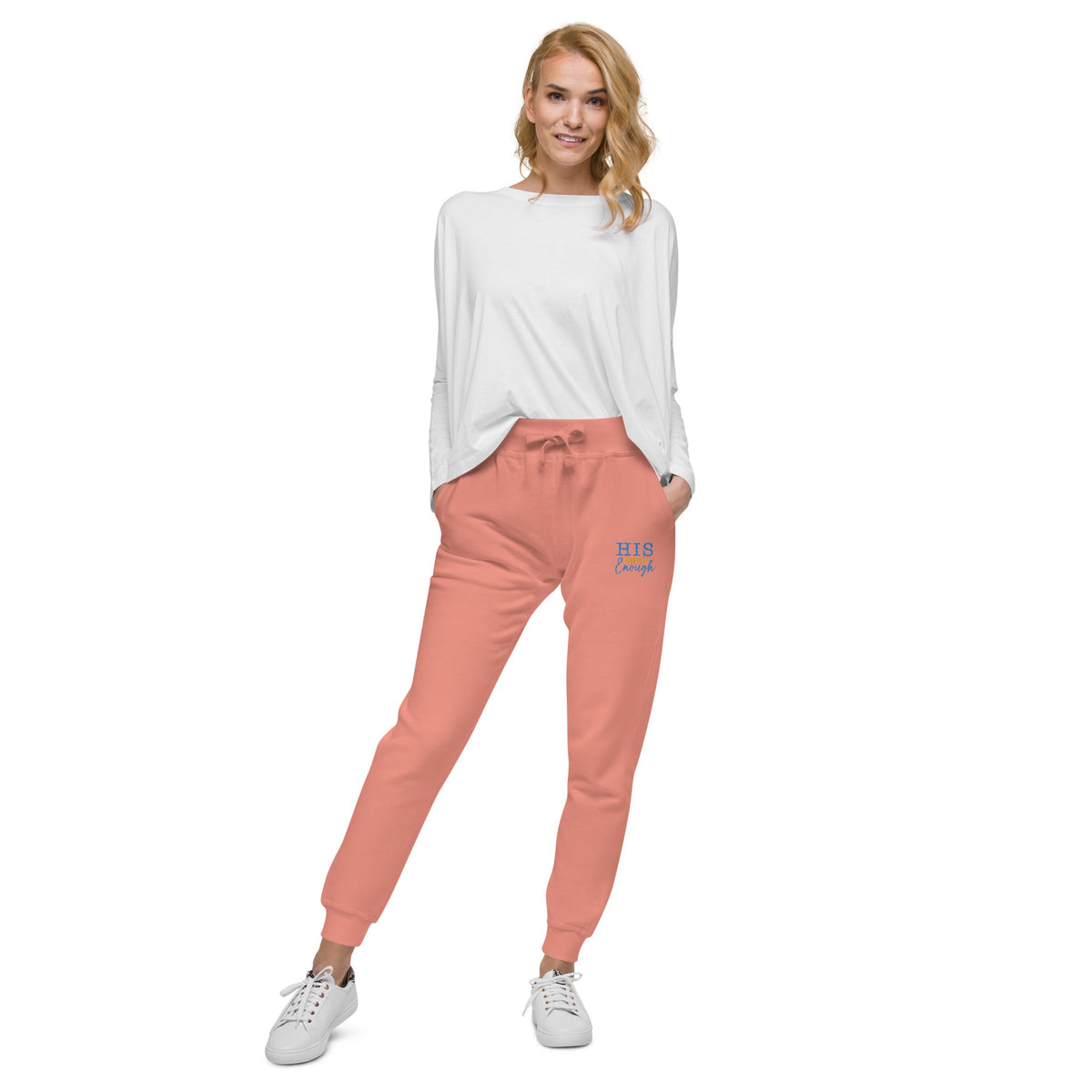 His Grace is Enough | Embroidered Unisex fleece sweatpants in Dusty Rose, back view