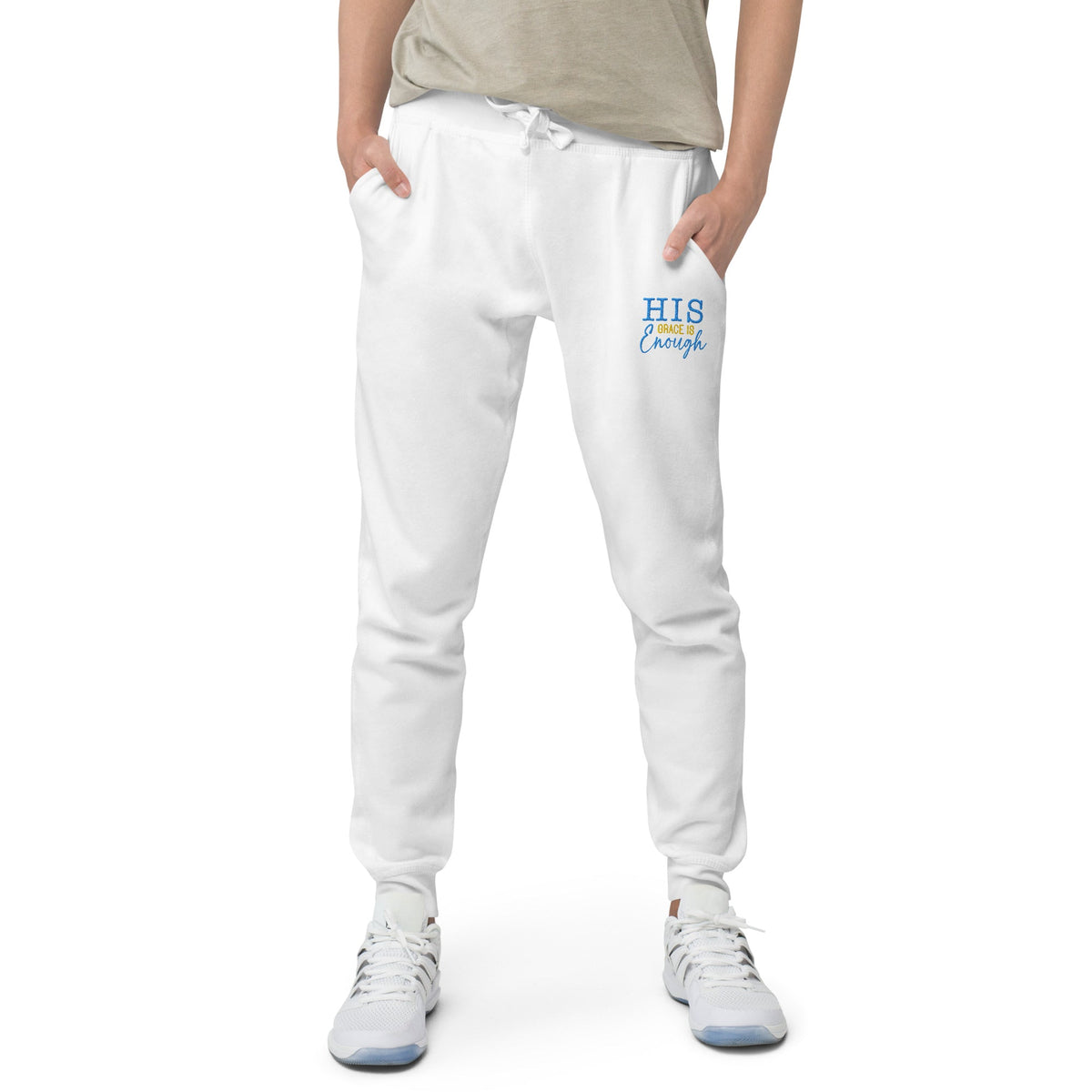 His Grace is Enough | Embroidered Unisex fleece sweatpants in White, back view