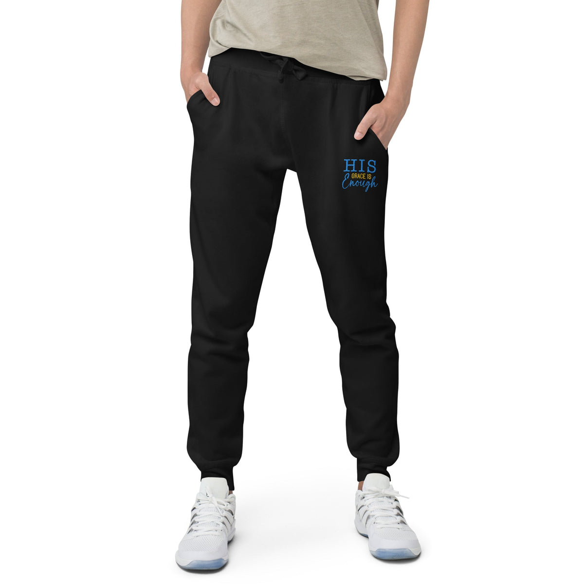 His Grace is Enough | Embroidered Unisex fleece sweatpants in Black, back view