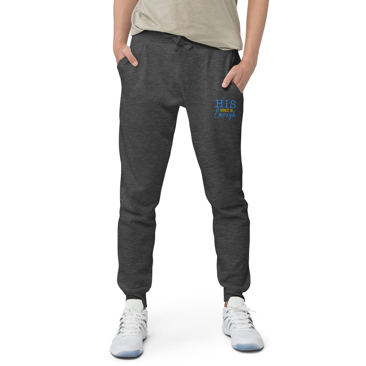 His Grace is Enough | Embroidered Unisex fleece sweatpants in Charcoal Heather, back view