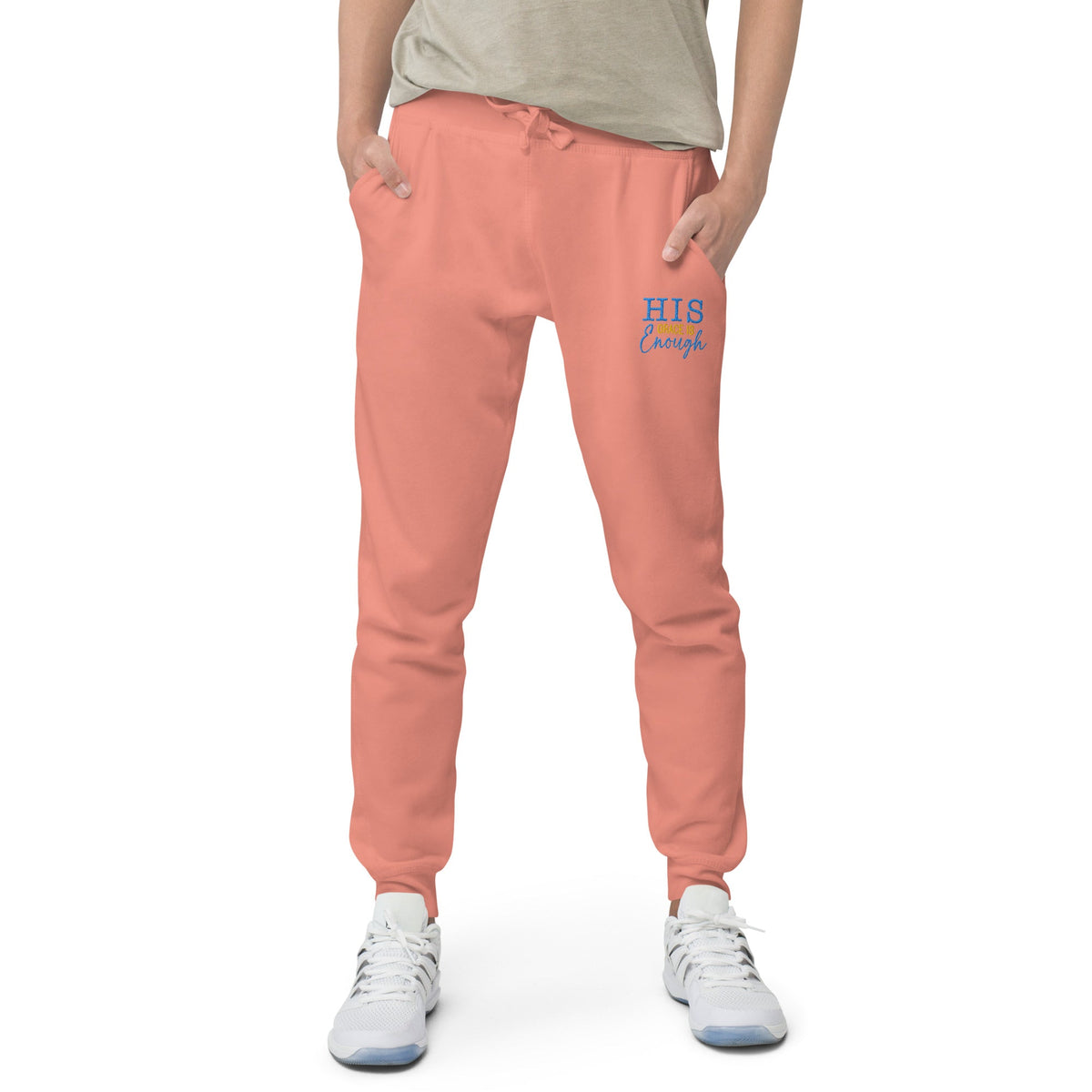 His Grace is Enough | Embroidered Unisex fleece sweatpants in Dusty Rose, back view