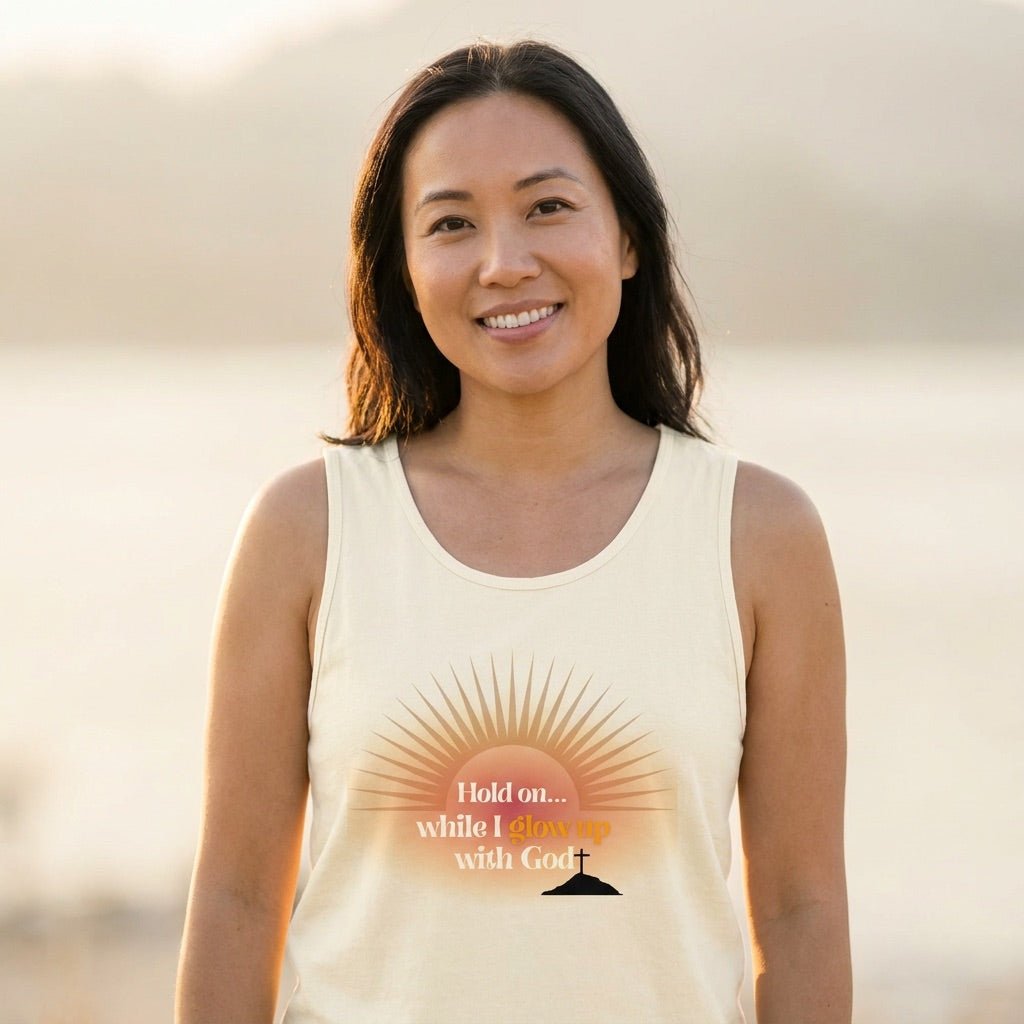 Hold On While I Glow Up With God | Unisex Garment-Dyed Tank Top Tank Top - HeartHalo