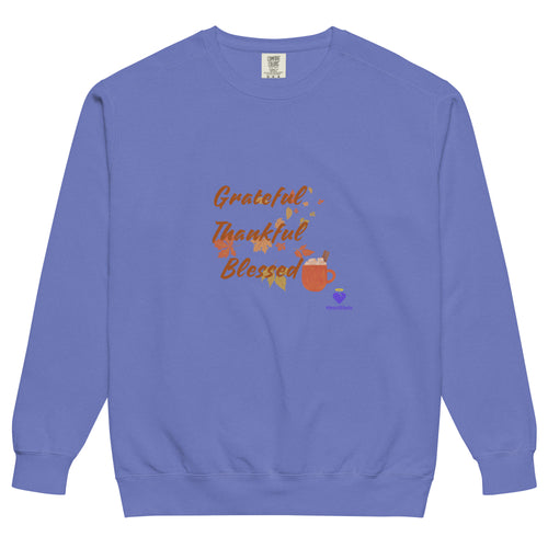 Grateful, Thankful, Blessed | Unisex Garment-Dyed Sweatshirt in Flo Blue, front view