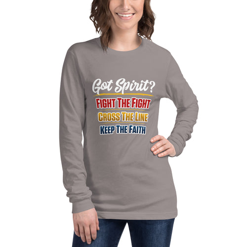 Got Spirit? Fight Cross Keep | Unisex Long Sleeve Tee in Storm, back view