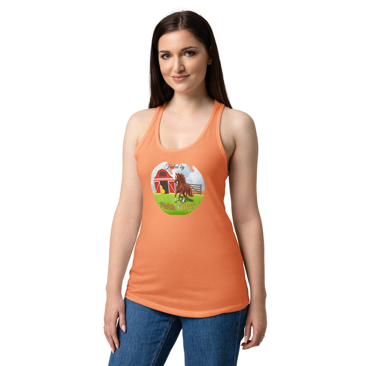 Fueled by Faith and Hay | Women’s fitted racerback tank top in Light Orange, back view