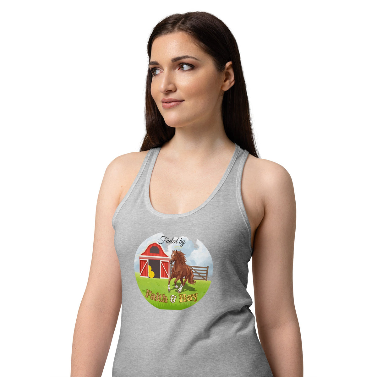 Fueled by Faith and Hay | Women’s fitted racerback tank top in Heather gray, back view