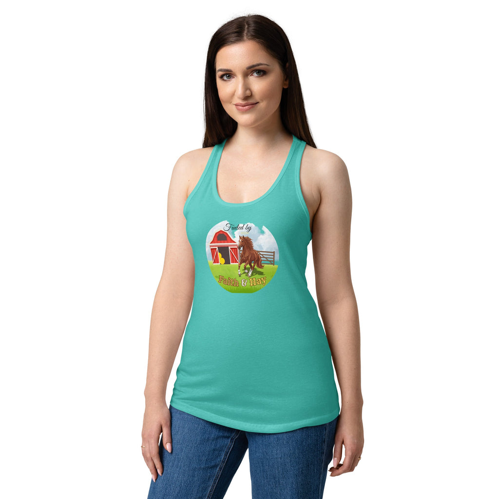 Fueled by Faith and Hay | Women’s fitted racerback tank top in Tahiti Blue, back view