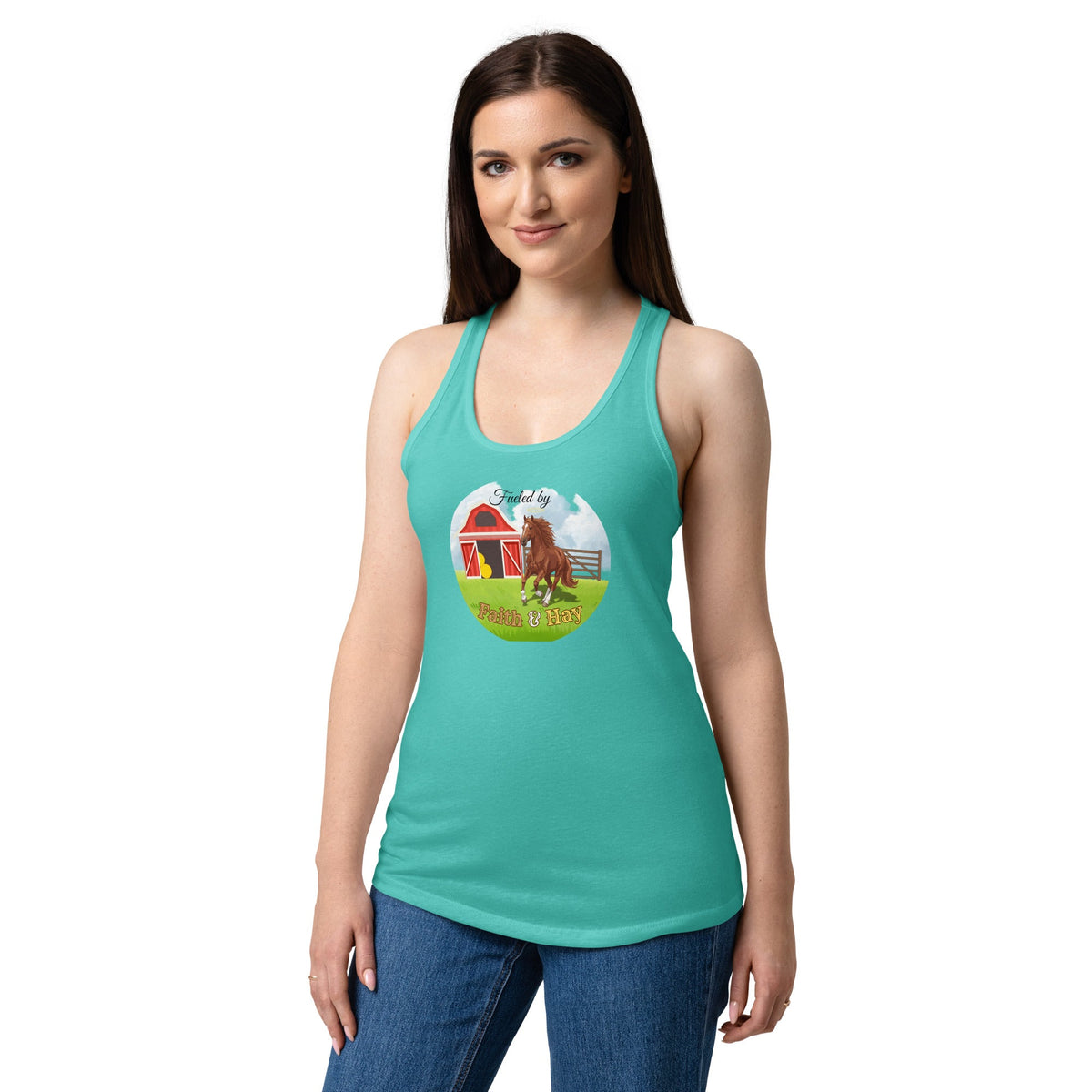 Fueled by Faith and Hay | Women’s fitted racerback tank top in Tahiti Blue, back view