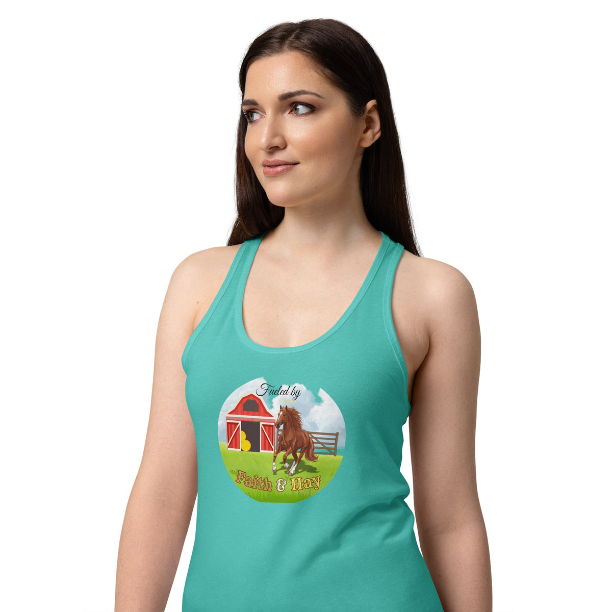 Fueled by Faith and Hay | Women’s fitted racerback tank top in Tahiti Blue, back view