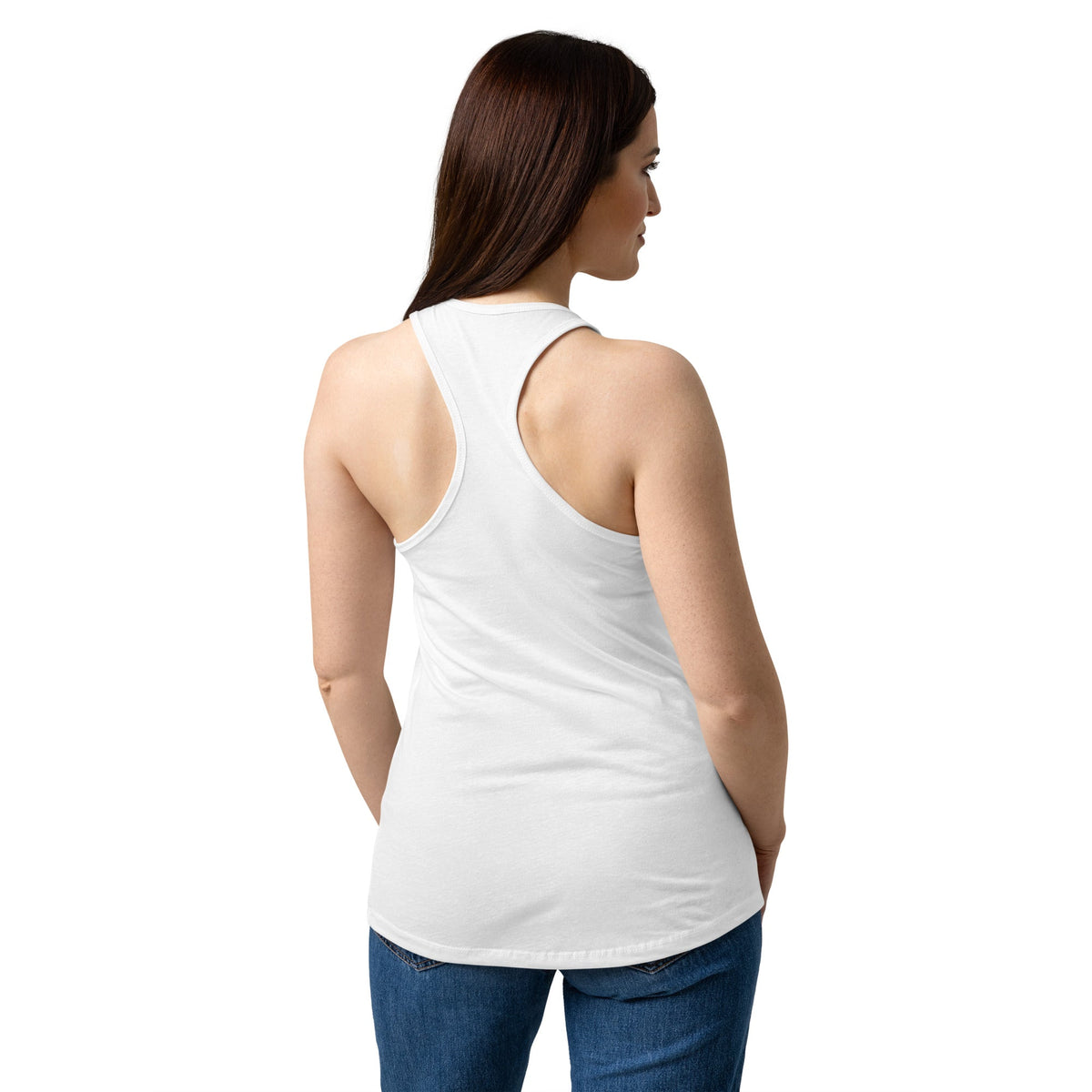 Fueled by Faith and Hay | Women’s fitted racerback tank top in White, back view
