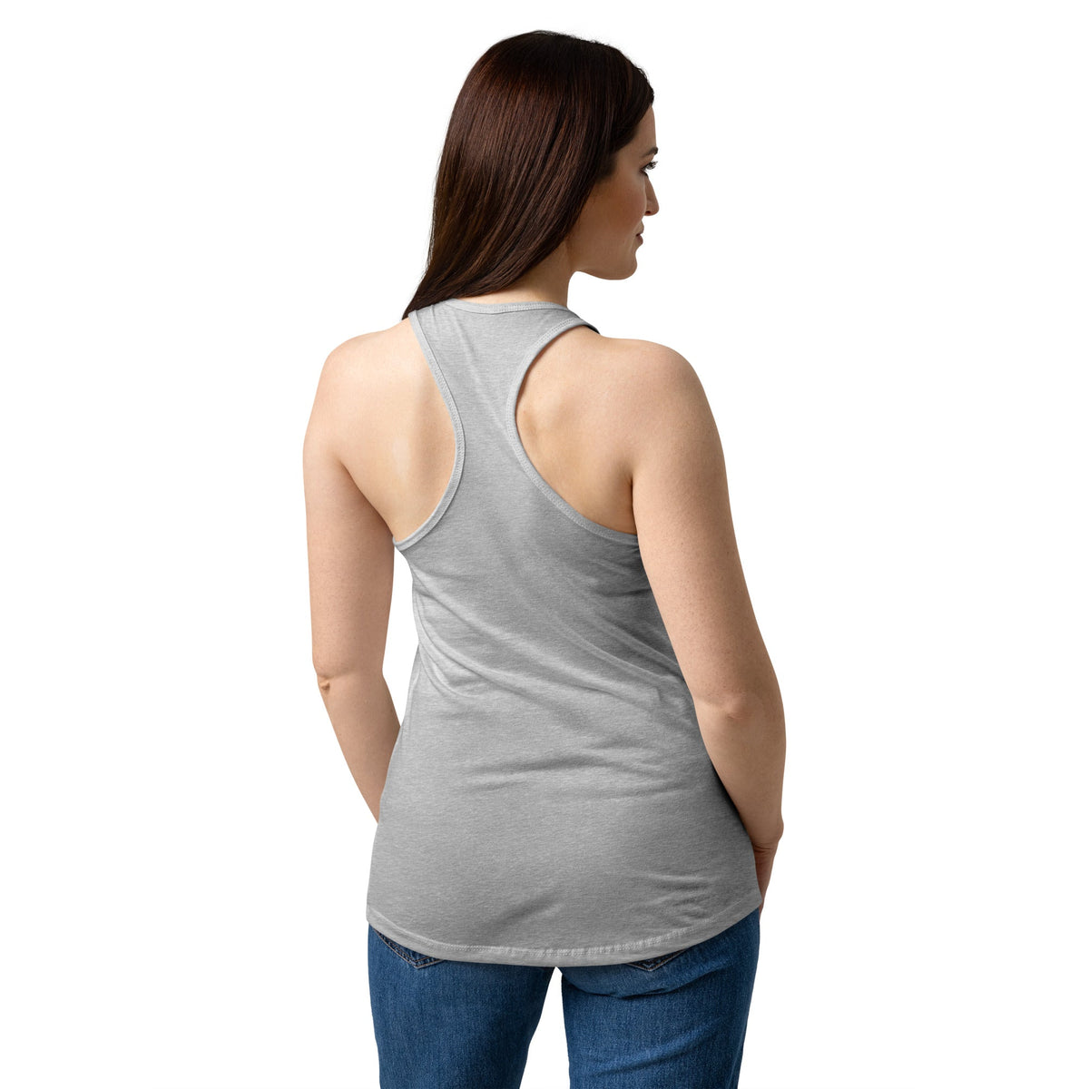 Fueled by Faith and Hay | Women’s fitted racerback tank top in Heather gray, back view