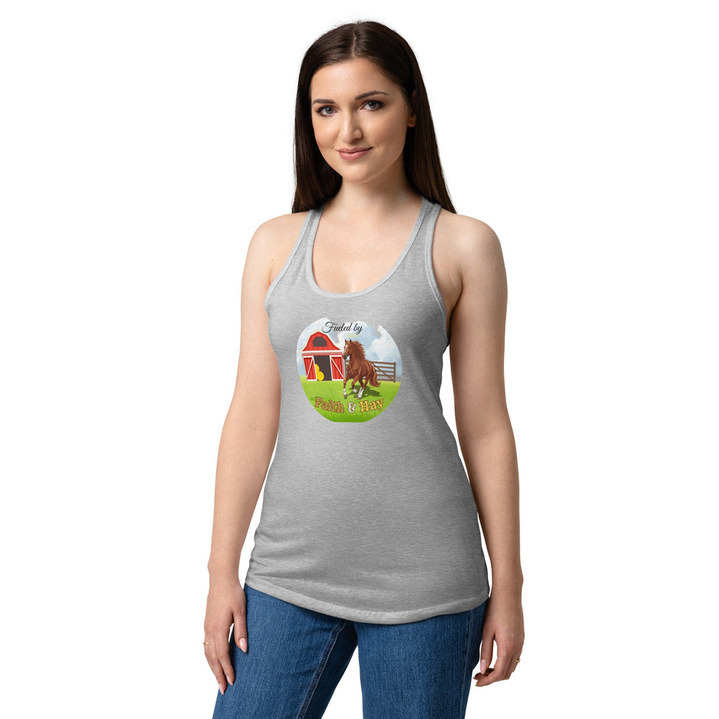 Fueled by Faith and Hay | Women’s fitted racerback tank top in Heather gray, back view