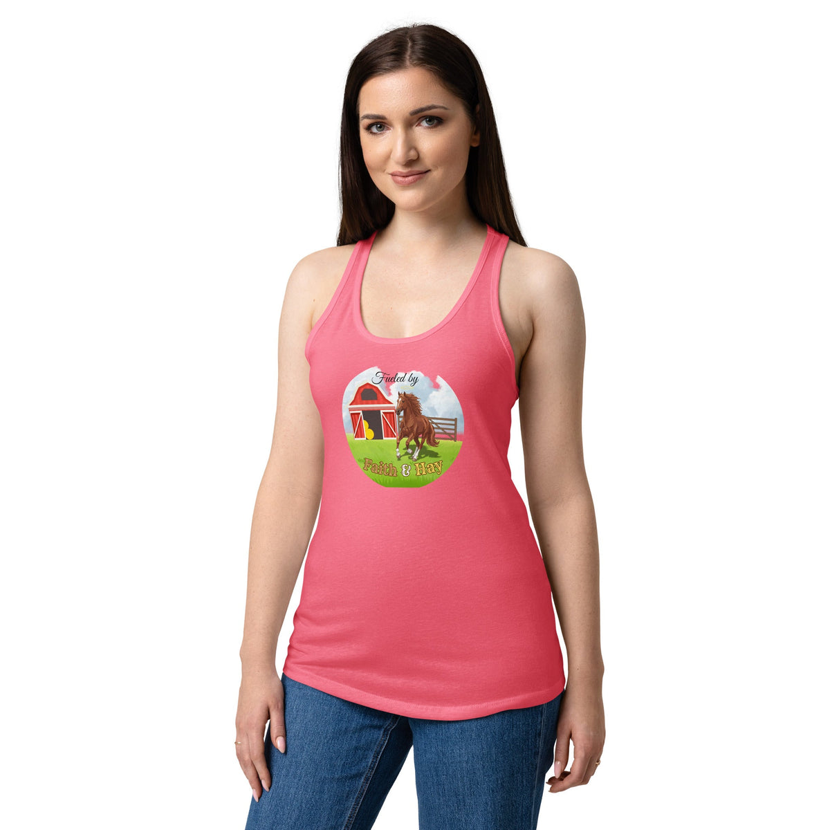 Fueled by Faith and Hay | Women’s fitted racerback tank top in Hot Pink, back view